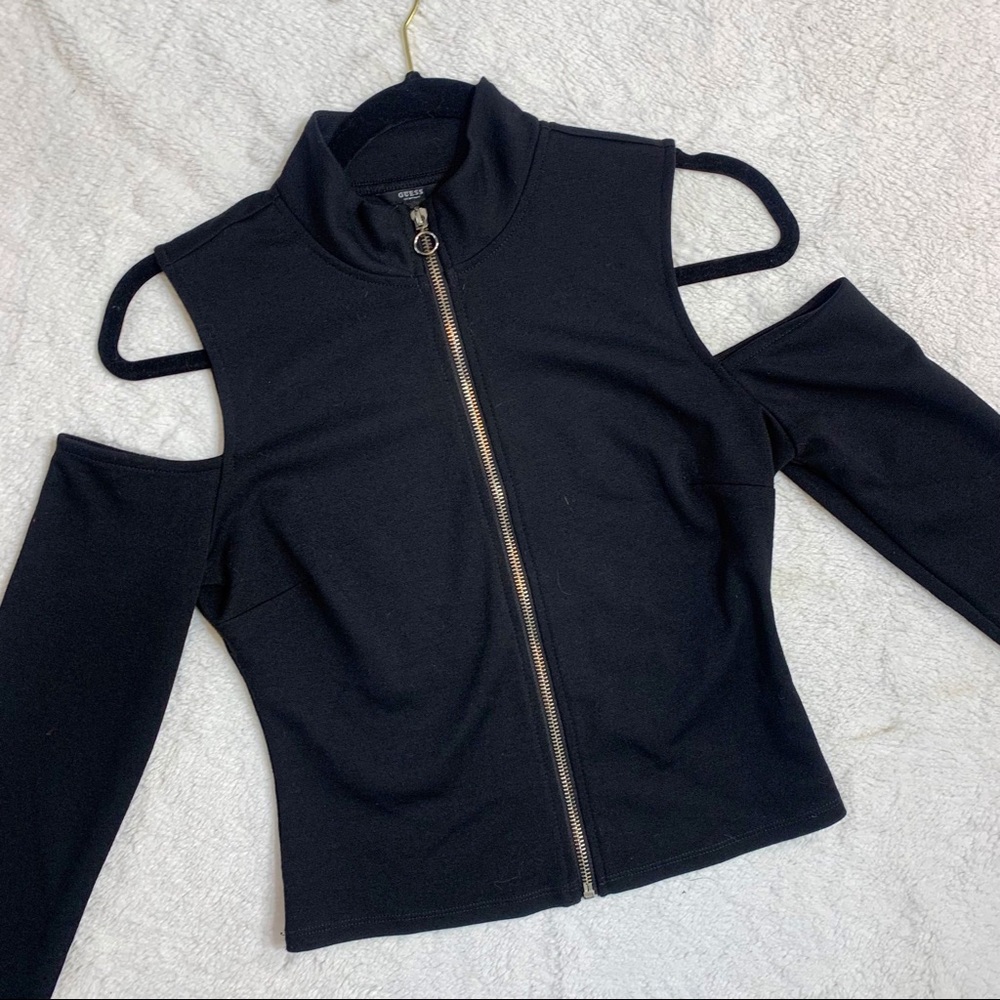 Black Guess Cold Shoulder Zip Up Long SleeveTop